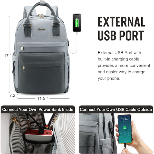 Kvinners Casual Ryggsekk for 15,6 Tommers Laptop, med USB-Lading, Tyverisikker Skole Ryggsekk for Arbeid Reise Universitet Høyskole, Grå Blå grey