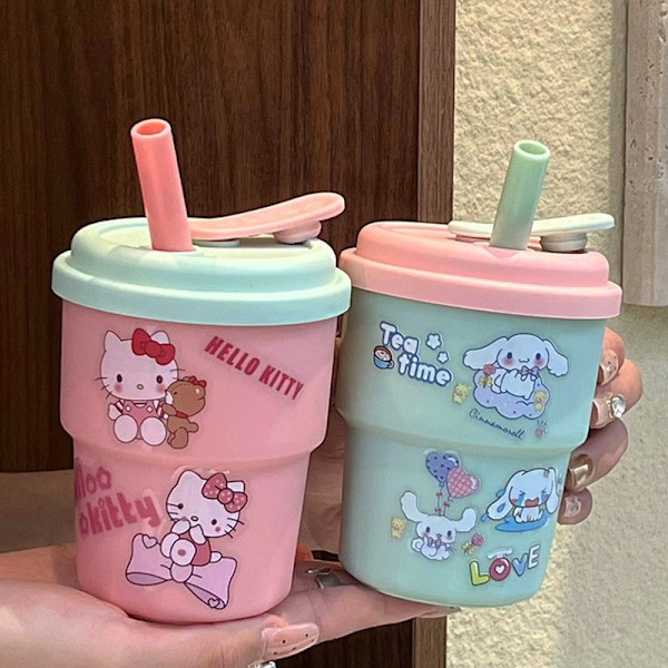 1 kpl Suurikokoinen Kitty-vesikuppi söpöllä tarraoljella, kannettava kuppi työhön, lukemiseen, kotiin pink