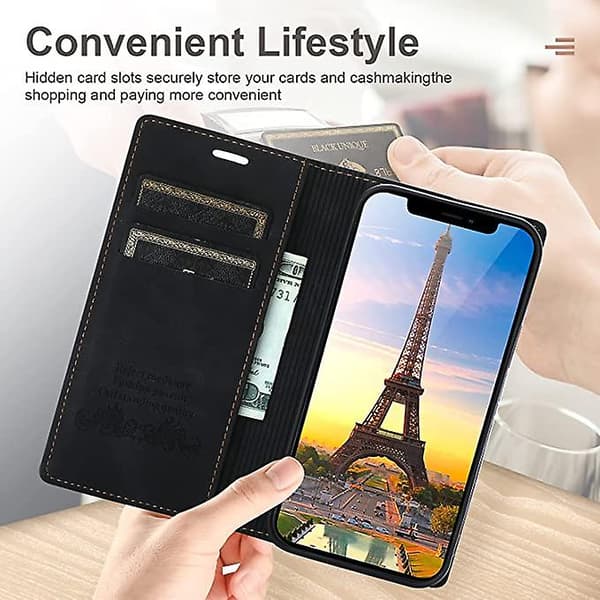 Etui til iPhone 12 Pro med kortholder, sort PU læder etui, flip pung til Apple iPhone 6,1 tommer