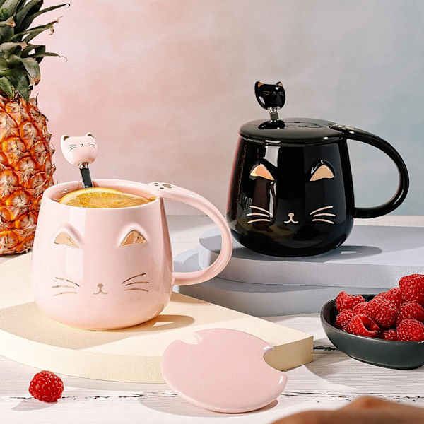Kattmuggar Set om 2 söta katt tekopp set keramik kaffemugg med lock och sked muggar för flickor kattälskare 13oz/380ml jul födelsedagspresentmugg