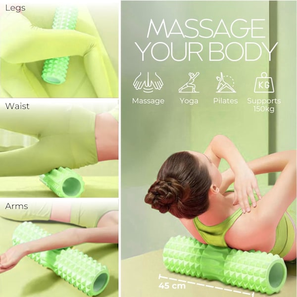 Rulle, boll och massagepinne. Foamroller för terapi, muskelmassage, pilates och yoga. Fitness foamroller green