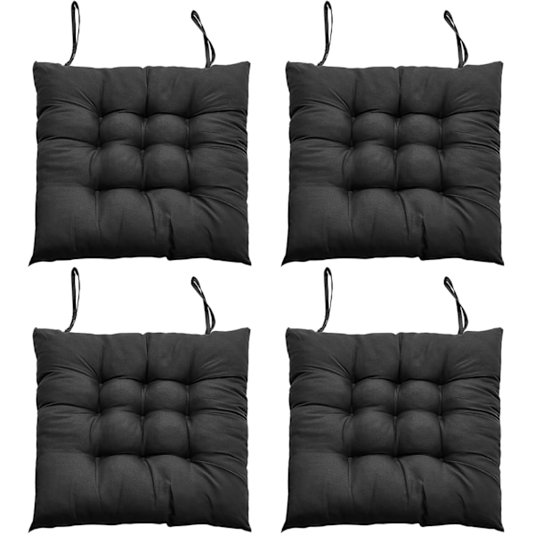 4 stk. Siddehynder til Spisestole 40 x 40 cm Komfortable Spisestolehynder, Køkkenstolehynder med Bindebånd Sort