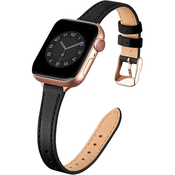 Læderrem Kompatibel med Apple Watch Remme 41mm 40mm 38mm 44mm 45mm 46mm 42mm 49mm, Ægte Slank & Tynd Læder Udskiftningsrem 10-1/SE Black&Rose Gold 42mm-44mm-45mm