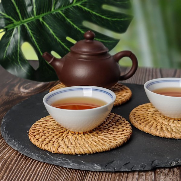 Ulable Sett med 6 Rattan Vev Koppmatter Håndlaget 4 * 4 tommer Brun