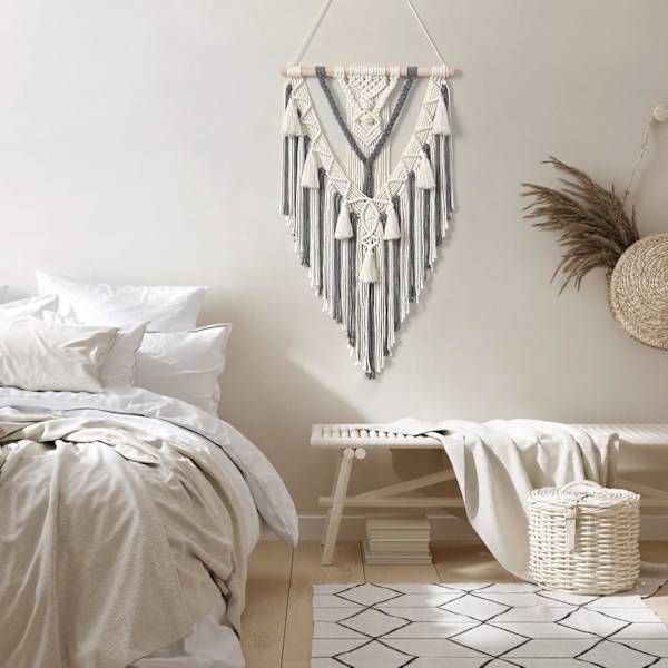 Boho Makramee Seinävaate Geometrinen Kudottu Gobeliini Beige ja Harmaa Puuvilla Käsintehty Boheemi Taide Tupsu Käsityö Koriste