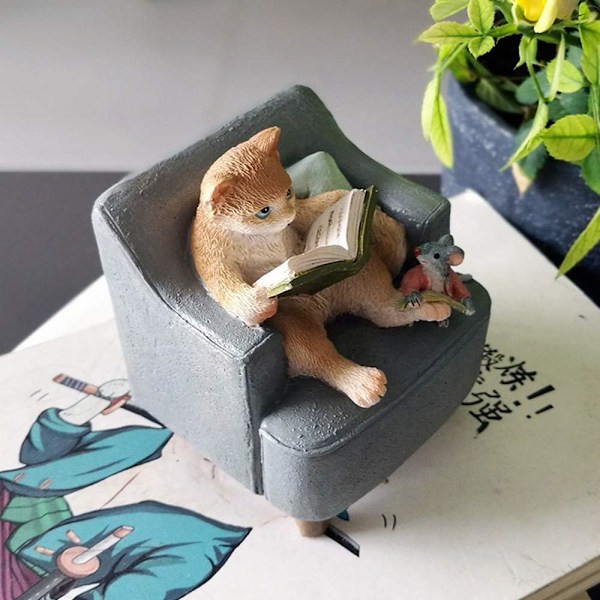 Hartsi Pöytäpatsas Kissa Lukemassa Rotan Kanssa Pöytäkoriste 6,5 x 6,5 x 8 cm