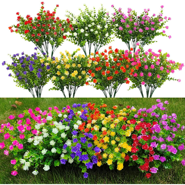 21 Bunter Kunstpflanzen für Draußen, UV-beständig, Kunstbüsche, künstliche Blumen aus Plastik, unechte Pflanzen für Haus- und Gartendekoration (7 Farben)