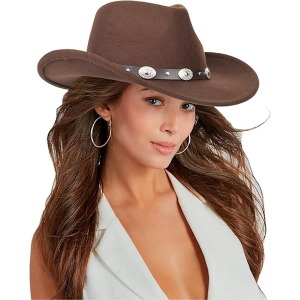 Formbar Western Cowboy Hat til Mænd Kvinder Filt Fedora Hat Outback Cowgirl Jazz Hatte med Bæltespænde style 3