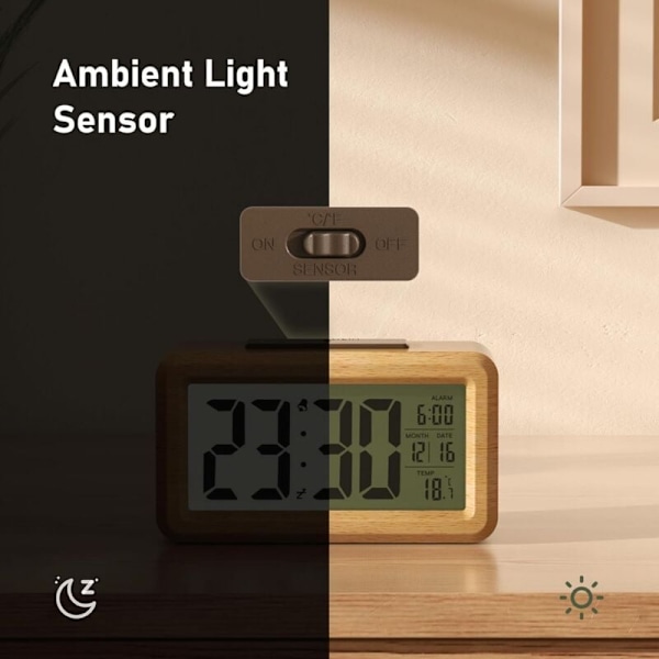 Digital väckarklocka, batteridriven träväckarklocka med stor LCD-display, datum, temperatur, automatisk ljussensor, snooze