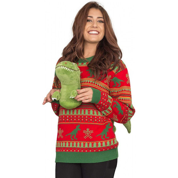 3D T-Rex Röd och Grön Vuxen Jumper Ful Jultröja L