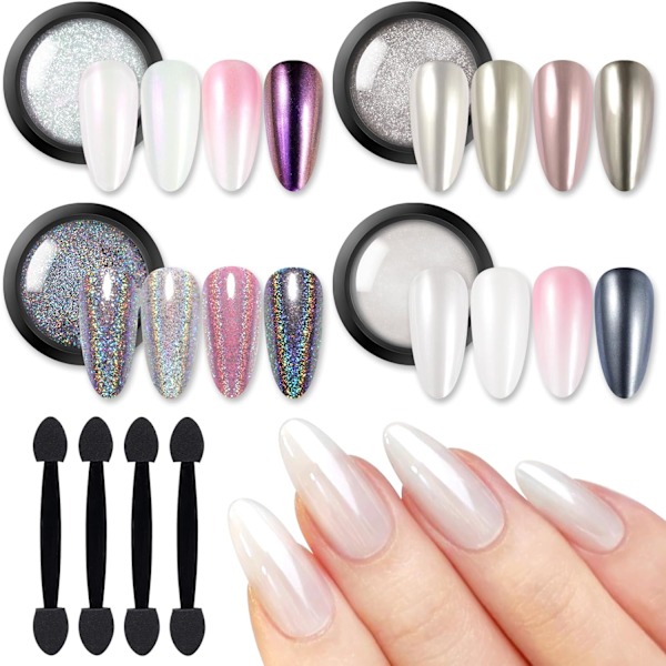Krom Nagelpulver, Vitt Pärlmetallic Spegel Holografiskt Krompulver för Naglar, Pärlglitter Pigment Damm Kit Nagelkonst Dekoration