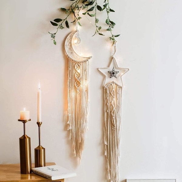 Pieces Macrame Vægophæng Stjerne Måne Drømmefanger Tapestry Boheme Hjemmeindretning Håndvævet Dekoration til Soveværelse