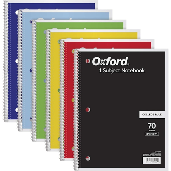 Oxford Spiral Notebook 6-pack, 1 ämne, College Ruled Paper, 8 x 10-1/2 tum, Färgsortering Design kan variera