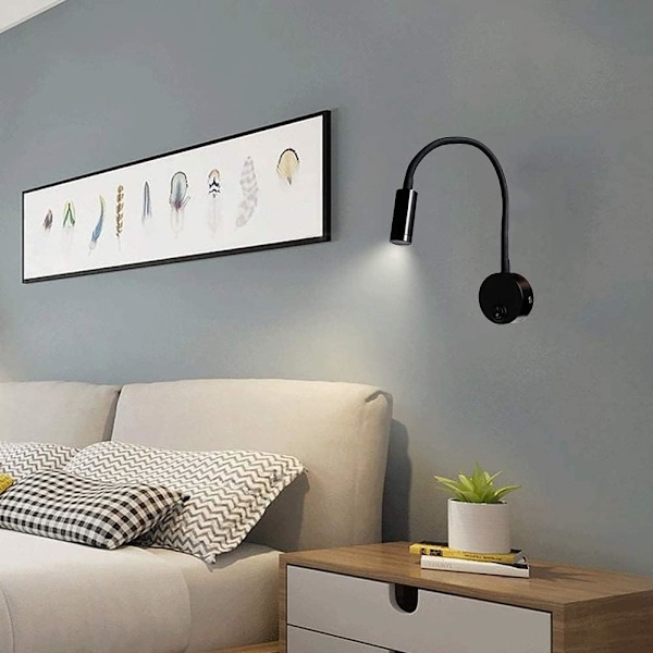 Svart 3W Veggleselampe, Fleksibel Justerbar Hals Aluminium Skrivebordslampe, Øyebeskyttende LED Nattbordslampe med Bryter
