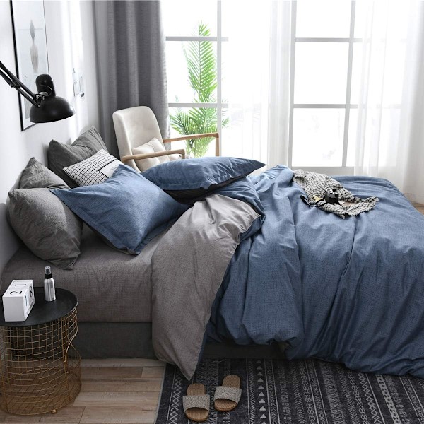 Pussilakanasetti parivuoteelle, 4 osaa, mikrokuitu, yksivärinen ruutukuvioinen vuodevaatesetti, jossa 2 tyynyliinaa ja 1 lakana, 220x240cm Blue-gray