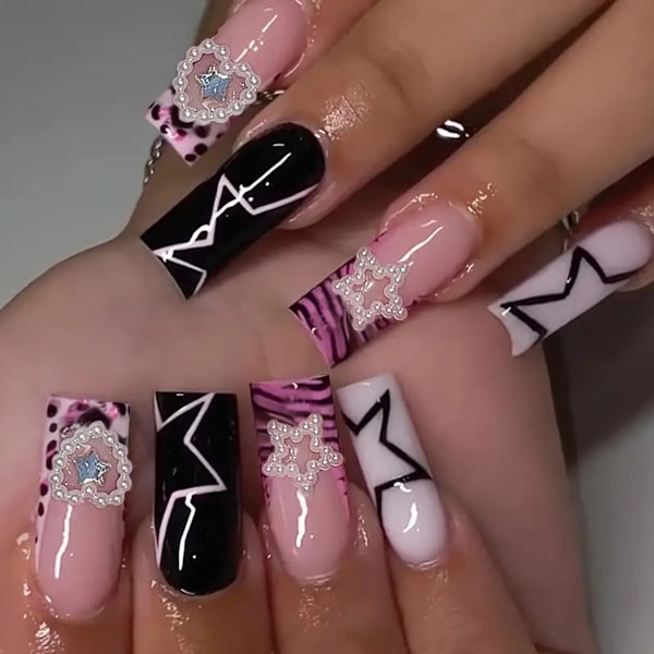 Pink Press on Nails Medium Square, Press ons Franske Negle Kunst Tips Lim på Negle Fuld Dækning Falske Negle