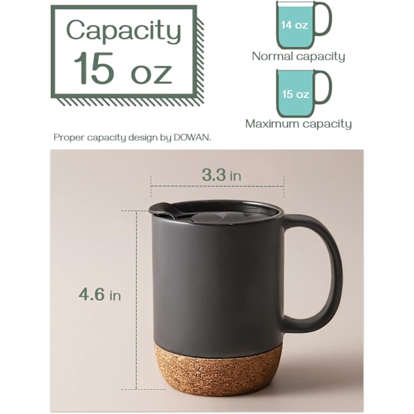 Kaffemuggar, 15oz Mugg Set med 2, Stor Keramisk Kaffe Mugg med Korkbotten och Spill Proof Lock för Mamma Pappa, Stor Mugg för Kaffe Latte Te, Beige