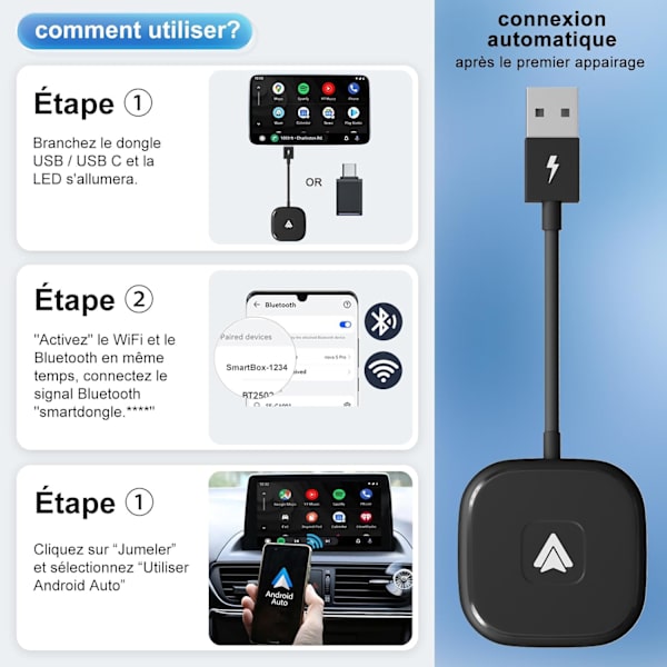 Trådlös Android Auto-adapter, Android Auto USB-dongel för bilstereo med OEM-kabelansluten Android Auto, Trådlös Android Auto
