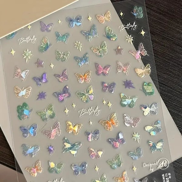 3 st Färgade Fjärilsdekaler för Naglar - 3D Självhäftande Laser Fjärilsnageldekaler Retro Relief Transparenta Fjärilsnageldekaler