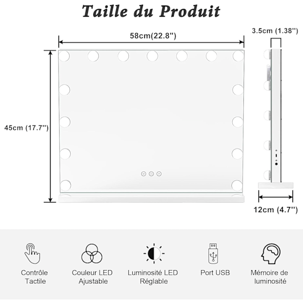 Hollywood Sminkspegel - 15 LED-lampor, Belyst Sminkbordsspegel 3 Lägen, Justerbar Ljusstyrka, Touchkontroll, USB-port