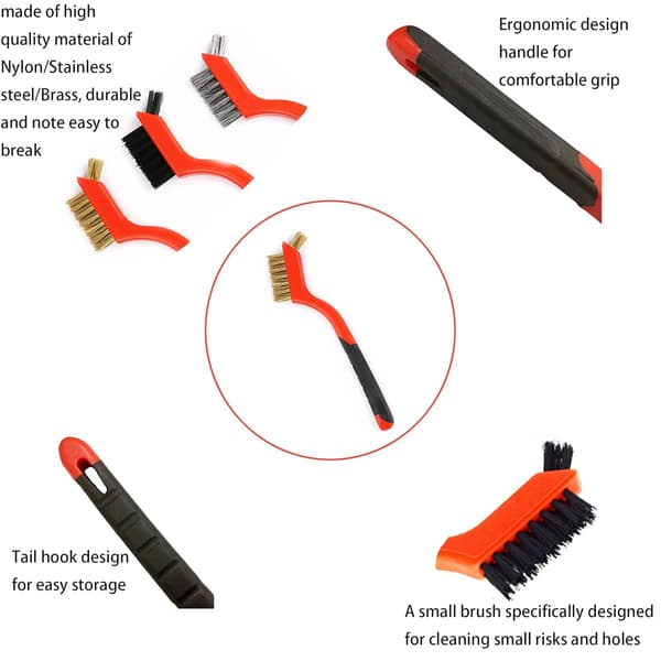 Lite stålbørstesett for rengjøring av rust i hull, 3 børster i messing/rustfritt stål/nylon