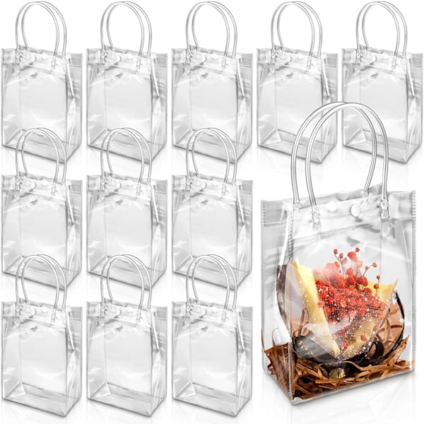 12 stk. Gennemsigtige Gaveposer med Håndtag, 17cm x 23cm x 7cm Genanvendelige PVC-Stofposer Gennemsigtige Indpakningsposer