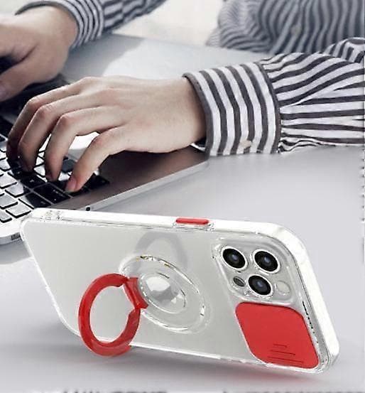 Candy Farve Ring Holder Slide Linse Kamerabeskyttelse Klar Blød iPhone Case (rød, iPhone 12 Pro)