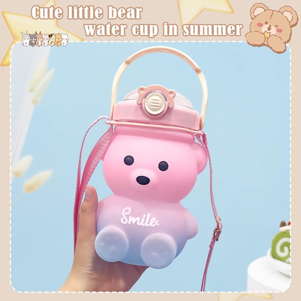 Söt björnvattenflaska med rem och sugrör, 27oz Kawaii barnvattenflaskor, läckagesäkra plastdrickkoppar för flickor camping picknick vandring