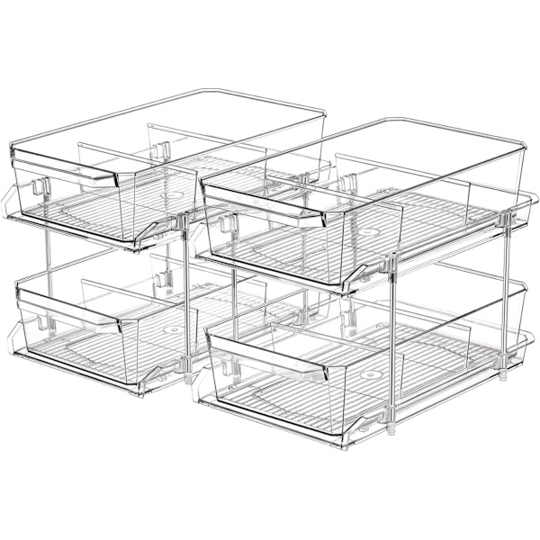 2 Set, 2-nivåers genomskinlig arrangör med avdelare för skåp, MultiUse utdragbar förvaringsbehållare, medicinförvaringsbehållare, under diskbänksorganisering