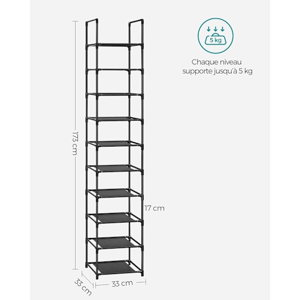 Sko Reol med 10 Hylder, Sko Organizer, Sko Holder, Opbevaringsskab, 33 x 33 x 173 cm, Metal Ramme, Sort