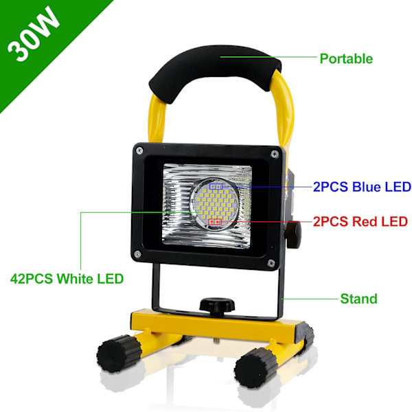 Genopladelig LED Projektør 30W 2500LM Byggeplads Projektør 6000mAh Trådløs LED Lampe Udendørs Lampe Arbejdslampe med USB