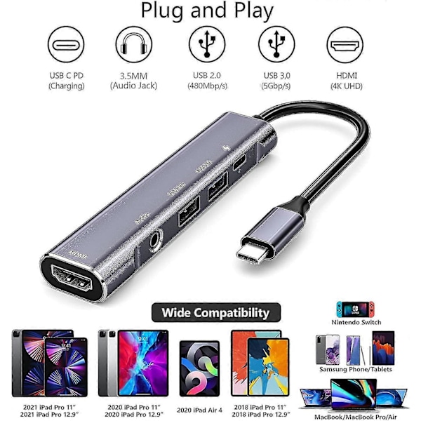Usb C - Hdmi -sovitin Ipad Prolle 3,5 mm:n kuulokeliitännällä, 4K Hdmi, Usb 3.0, Usb C -virransyöttölataus