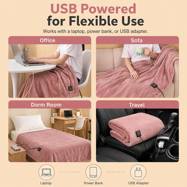 Bärbar USB-uppvärmd pläd 10W 5V 1m/39,3 tum Rosa