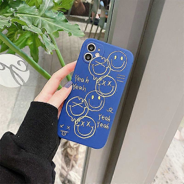 Sødt Sort Glad Smil Graffiti Sideprint Telefoncover til Apple iPhone 12 Case til Kvinder Slanke Bløde Covers til iPhone 12 blå