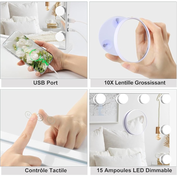Hollywood Sminkspegel - 15 LED-lampor, Belyst Sminkbordsspegel 3 Lägen, Justerbar Ljusstyrka, Touchkontroll, USB-port