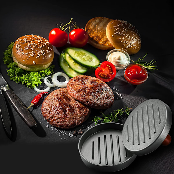 Burgeriprässi pihvintekijä ruostumattomasta teräksestä, hampurilaispihvimuotti puukahvalla, tarttumaton, sisältää 100 pihvipaperia