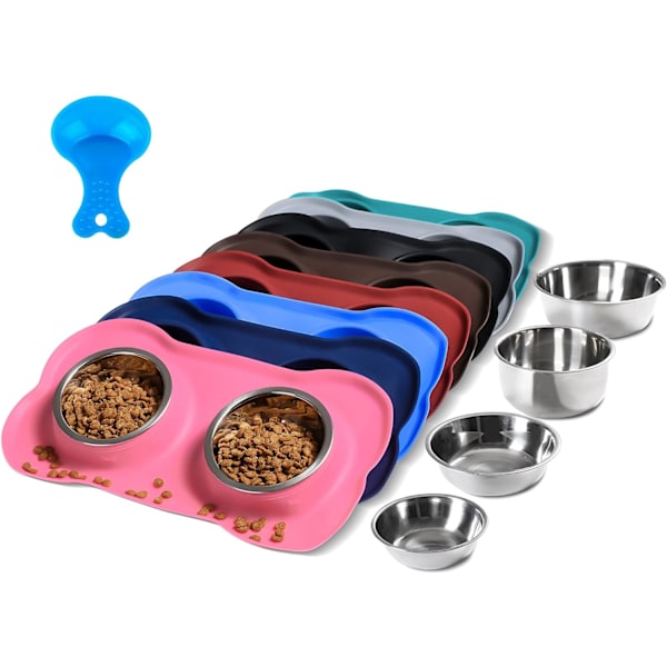Hundeskåle 2 Rustfri Stål Hundeskål med Spildsikker Skridsikker Silikonemåtte + Foderskovl Vand- og Foderskåle til Fodring af Kæledyr pink L