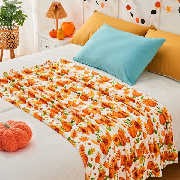 Efterårstæppe, Græskarblad Efterårternet Tæppe til Sofa Seng, Orange Ternet Tæppe til Efterår, (127 cm x 152 cm)