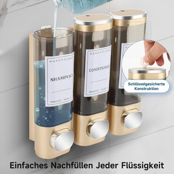 Sæbedispenser Vægmonteret – 3-rums bruse-dispenser 300ml x3, til shampoo & sæbe Silver