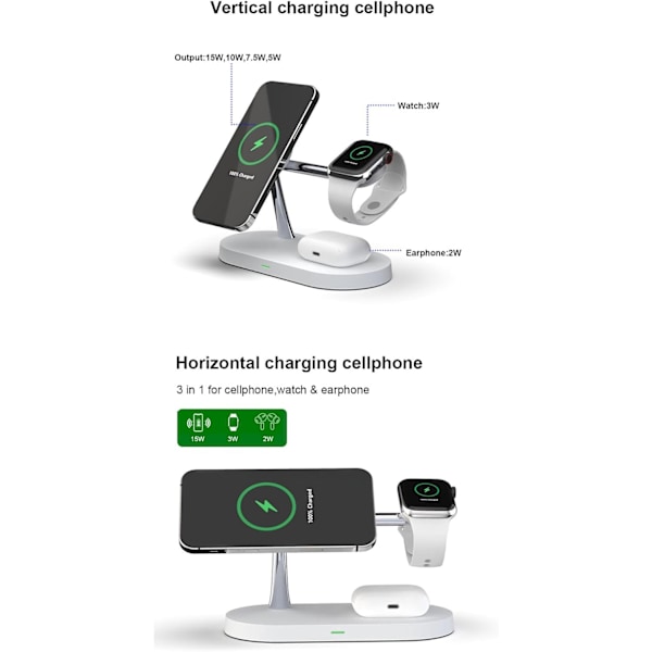 3-i-1 Trådløs Lader 15W Rask Trådløs Ladestasjon for iPhone 16/15/14/13/12, Apple Watch og AirPods Flere Enheter