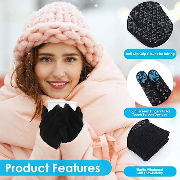 Vintervarma Handskar, Lätta Pekskärmstermiska Handskar Vinter Halksäkra Grepphandskar, Mjuk Stickad Foder, Elastisk Stickad Stretchmaterial blck