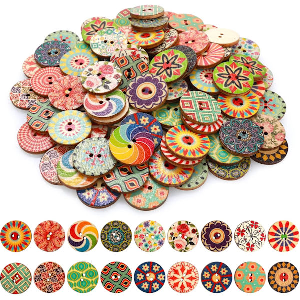100 KPL Puunappeja askarteluun, lajitelma vintage pyöreitä neuleappeja sekoitettuja puukukka-appeja ompeluun DIY-käsitöihin koristeellisia 20 mm