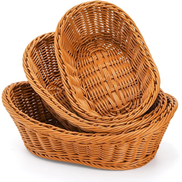 3-pakning Poly-Wicker Flettede Brødkurver, Stabelbare Imitasjonsrotting Fruktkurver for Matutstilling, Grønnsaker - 3 Størrelser
