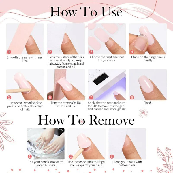 Semi-herdet Gel Neglelakk Strips Gel Negleklistremerker, 20 Klistremerker Neglefolie Selvklebende Negleklistremerker Gel Neglestrips UV/LED Lampe