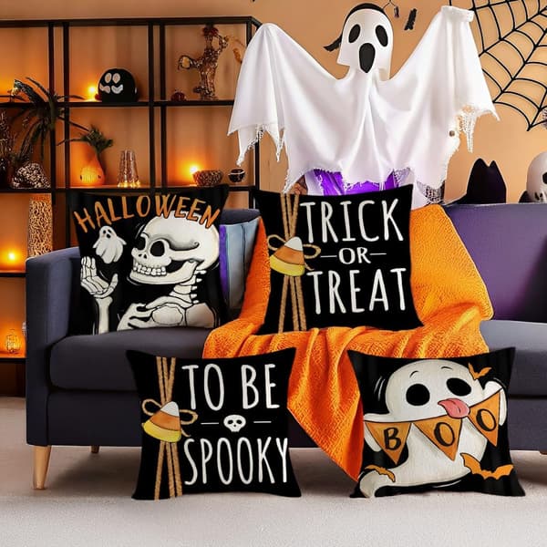 Halloween pudebetræk 18x18 sæt med 4 - Spooky spøgelse og græskar udendørs pyntepudebetræk til sofa, seng, veranda indretning
