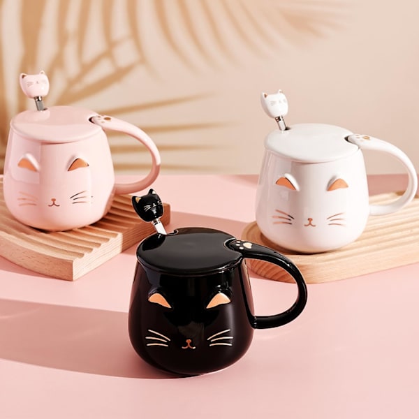 Kattmuggar Set med 2 söta katt tekopp set keramik kaffemugg med lock och sked muggar för flickor kattälskare 13oz/380ml Jul födelsedagspresentmugg