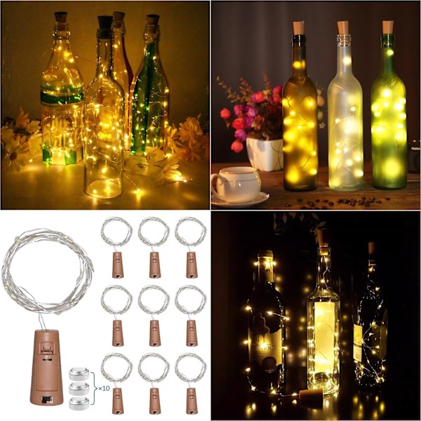 Varmhvite Vinflaske Propp Lys, 20 LED 2M Vanntette Lyslenker, Vinflaskelys, 10 stk