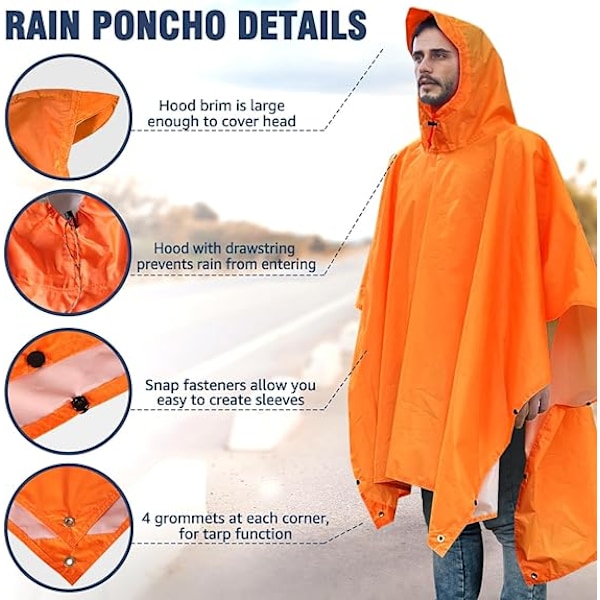 Vedenpitävä sadeponcho, kevyt, uudelleenkäytettävä, hupullinen, retkeilyyn, yksi koko, oranssi Orange