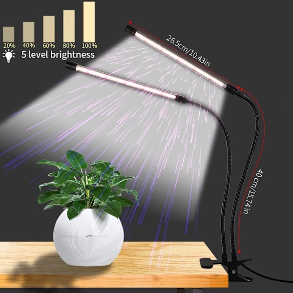LED-kasvivalo, 6000K täyden spektrin klipsikiinnitteinen kasvilamppu valkoisilla ja punaisilla LEDeillä sisäkasveille, 5-tasoinen himmennys, automaattinen päälle/pois