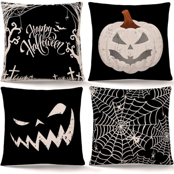 Happy Halloween Putetrekk Gresskar Edderkoppnett Putetrekk Svart Lin Kaste Putetrekk Putetrekk for Hjem Halloween Dekor